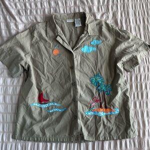 White Stag Tropical Green Embroidered Button-Up Shirt (XL)